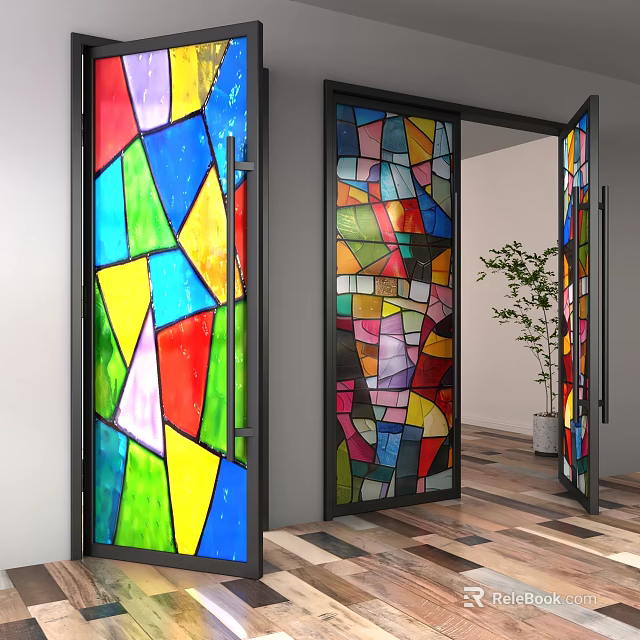 Modern Swing Door With Colorful Stained Glass And Metal Frame Design 3d model 