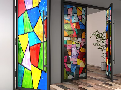 Modern Swing Door With Colorful Stained Glass And Metal Frame Design 3d model