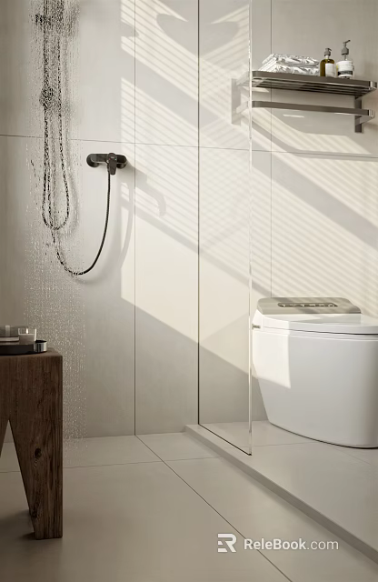 Modern Bathroom Interior With White Toilet Shower Head And Light Colored Tiles 3d model 