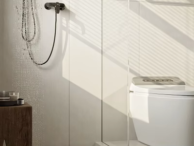 Modern Bathroom Interior With White Toilet Shower Head And Light Colored Tiles 3d model