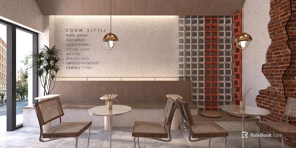 Minimalist Bubble Tea Shop Interior With Wooden Tables Hanging Lamps And Menu Wall Plants 3d model 