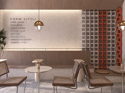 Minimalist Bubble Tea Shop Interior With Wooden Tables Hanging Lamps And Menu Wall Plants 3d model