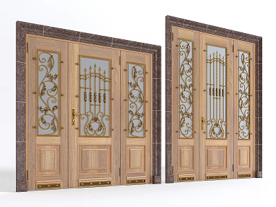 Elegant Wooden Entrance Doors Featuring Golden Wrought Iron Decorations Glass Panels And Stone Frames 3d model