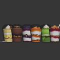 Layered Dessert Cups with Various Colors Layers and Fresh Fruits Nuts Cream Toppings