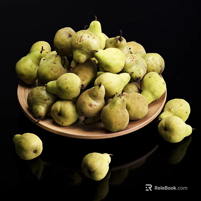 Fresh Green Pears on Wooden Plate with Some Scattered Around 3d model 