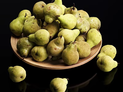 Fresh Green Pears on Wooden Plate with Some Scattered Around 3d model