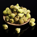 Fresh Green Pears on Wooden Plate with Some Scattered Around