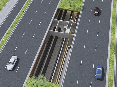 Urban Road Infrastructure Design with Underground Pedestrian Passage and Two Way Traffic Lanes 3d model