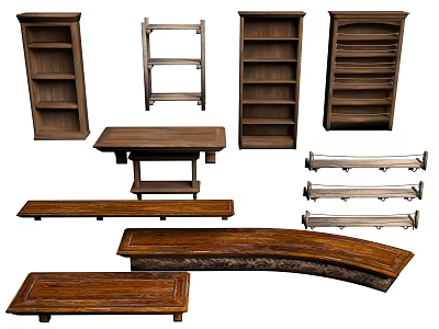 Wooden Furniture Collection Including Bookshelves Table Shelves Curved Planks And Metal Racks 3d model