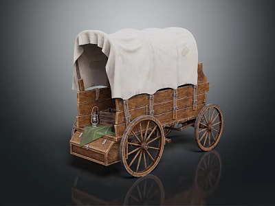 Vintage Covered Wagon With Wooden Frame White Canvas Cover And Spoked Wheels 3d model