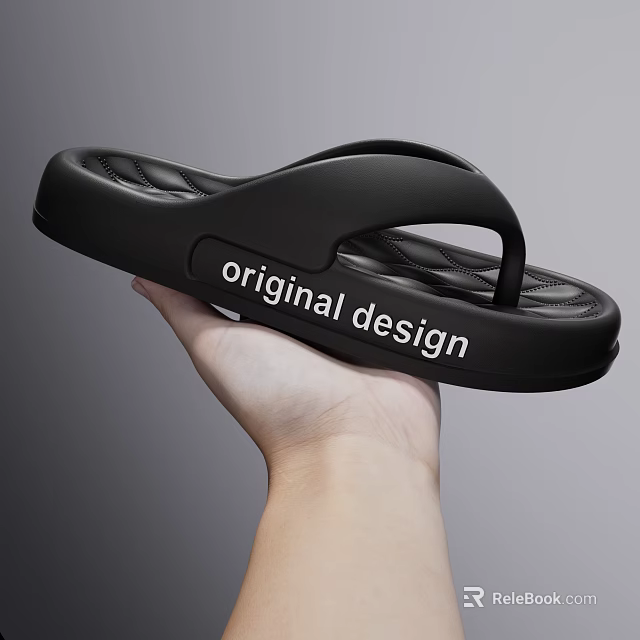 Black Flip Flops With Original Design Held By A Hand 3d model