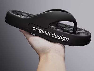 Black Flip Flops With Original Design Held By A Hand 3d model