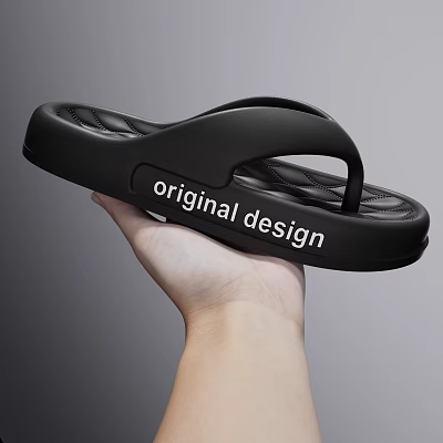 Black Flip Flops With Original Design Held By A Hand 3d model