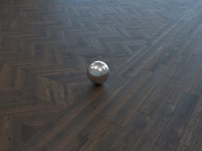 Dark Brown Wooden Floor with Herringbone Pattern and Shiny Silver Metallic Ball 3d model
