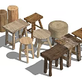 Rustic Wooden Stools Collection Featuring Diverse Shapes And Natural Designs 3d model