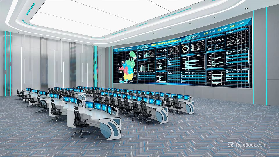 Modern High Tech Monitoring Room With Computer Workstations And Large Screens Showing Charts And Map 3d model 