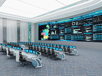 Modern High Tech Monitoring Room With Computer Workstations And Large Screens Showing Charts And Map 3d model