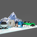 Green And White Outdoor Adventure Cars With Snow Mountain Tent And People