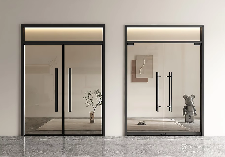 Modern Glass Double Doors with Black Frame in Contemporary Interior Featuring Decorative Plant And Sculpture 3d model 