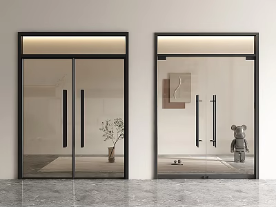 Modern Glass Double Doors with Black Frame in Contemporary Interior Featuring Decorative Plant And Sculpture 3d model