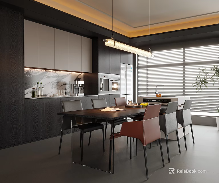 Modern Restaurant Interior With Dark Cabinets Dining Table Pendant Lights And Large Windows 3d model 