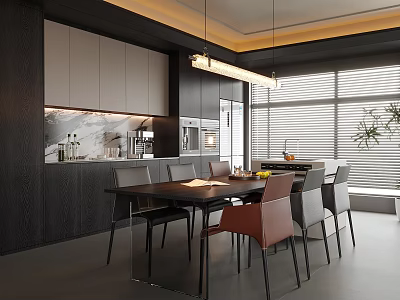 Modern Restaurant Interior With Dark Cabinets Dining Table Pendant Lights And Large Windows 3d model