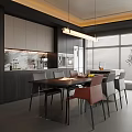 Modern Restaurant Interior With Dark Cabinets Dining Table Pendant Lights And Large Windows