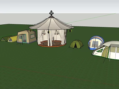 Central Large Tent Surrounded By Multiple Small Tents On Green Grass Field 3d model