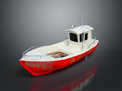 Small Red And White Boat With Deck Rails Cabin Windows And Open Deck 3d model