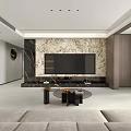 Modern Living Dining Room With Marble Wall TV Beige Sofa Large Window And Coffee Table