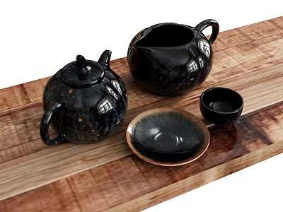 Black Ceramic Tea Set with Teapot Fair Cup Tea Cup and Plate on Wooden Tabletop 3d model