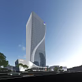 Modern Tall Office Building With Glass Curtain Wall Blue Sky And Green Plants Around