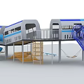 Playground With Train Shaped Structures Slides Climbing Net And Hammock 3d model