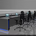 Modern Office Desk Setup With Computers And Black Chairs In Row 3d model