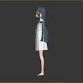 Game Movie Character 3D Model With Green Long Hair White Dress Open Arms Barefoot Pose