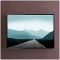 Landscape Painting with Winding Road Stretching into Distant Mountains Under Soft Blue Sky