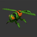 Green Futuristic Mechanical Insect Creature With Transparent Wings And Glowing Orange Accents