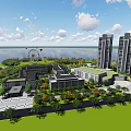 Modern Building Complex 3D Model Design With Green Landscape And Trees