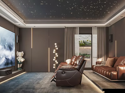 Luxury Home Theater Interior With Starry Ceiling Large Screen And Brown Leather Sofas 3d model