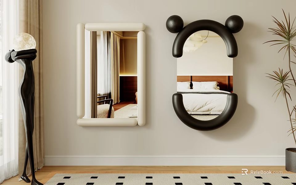 Modern Decorative Black And White Wall Mirrors With Unique Shapes And Reflections 3d model 