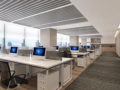 Spacious Modern Public Office Area With Neatly Arranged Desks Computer Monitors And Bright Windows 3d model