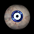 Two Human Eyes With Blue Irises And Green Circular Lines Against Black Background