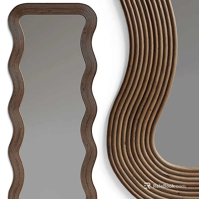 Modern Decorative Mirror with Wavy Brown Frame and Curved Lines Design for Home Interior Decoration 3d model 