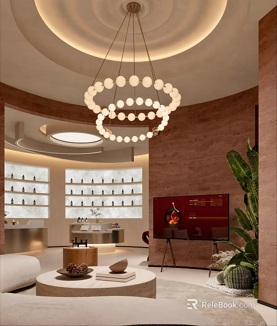 Modern Elegant Clubhouse Interior With Chandelier Wine Racks TV Green Plants And Marble Bar 3d model 
