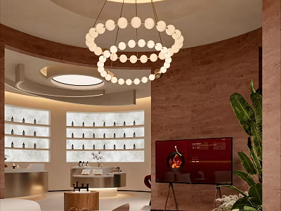 Modern Elegant Clubhouse Interior With Chandelier Wine Racks TV Green Plants And Marble Bar 3d model
