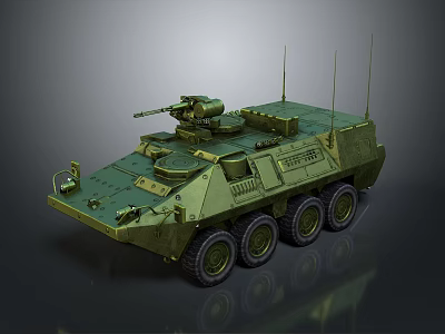 Detailed Green Armored Military Vehicle with Six Wheels Mounted Machine Gun and Antennas 3d model