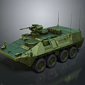 Detailed Green Armored Military Vehicle with Six Wheels Mounted Machine Gun and Antennas
