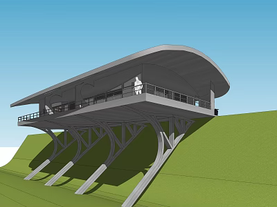 Modern Single Family Villa Design With Curved Roof On Hillside Green Lawn 3d model