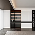 Modern Living Room Interior With Black White Cabinets LED Strip Lights Sculpture And Marble Floor