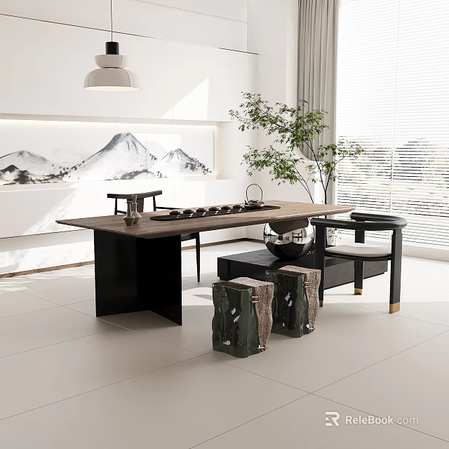Modern Tea Table and Stools with Wooden Top Black Legs and Landscape Painting 3d model 